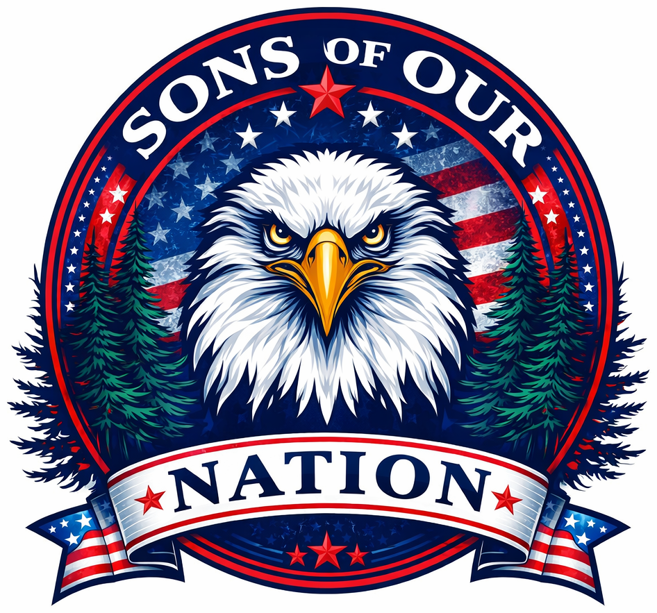 Sons Of Our Nation logo featuring a bald eagle with American flag and evergreen trees