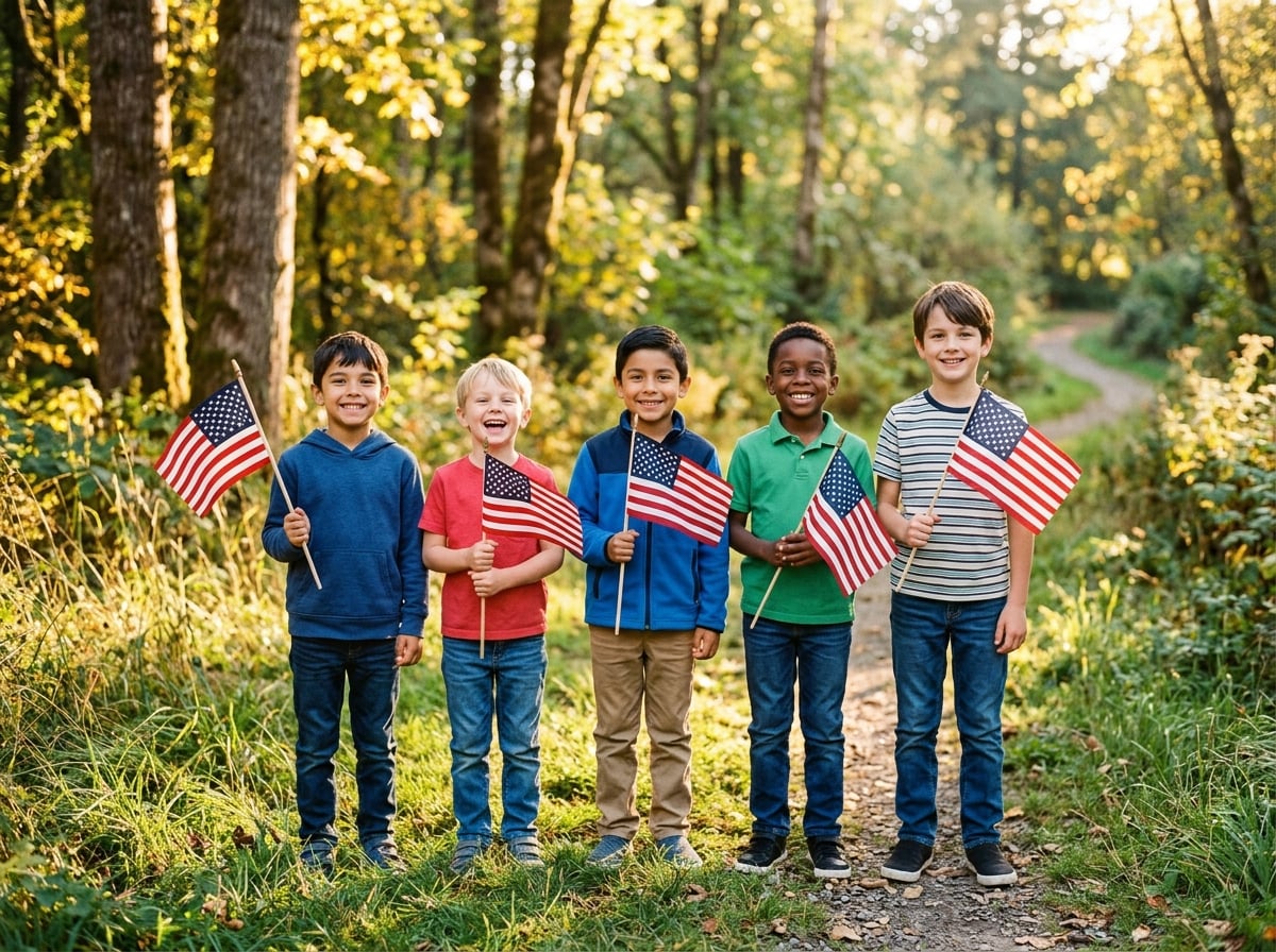 Young boys proudly holding American flags on a sunlit woodland path